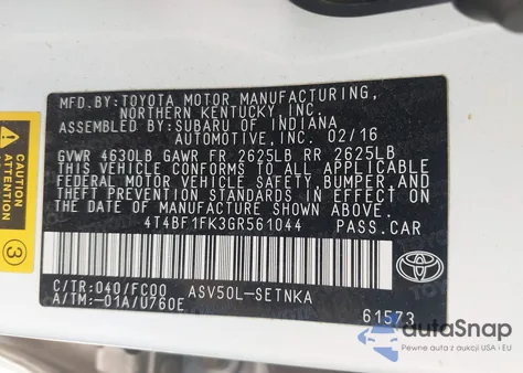 2016 Toyota Camry Le/Xle/Se/Xse из США, поврежденный, VIN 4T4BF1FK3GR561044